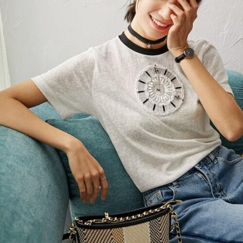 Bead nail New Clock sequin cotton T shirt thin short sleeve top women s summer 2021 white T shirt