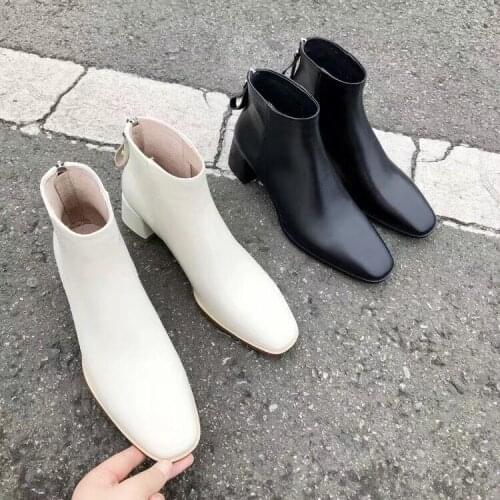 Short Tube natural Leather Fashion Boots Womens Square Head Thick Semi-High Heeled Back Zipper New Style for Autumn and Winter