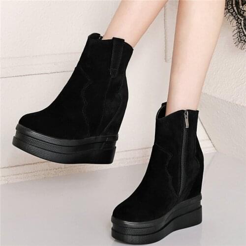 Black Grey Trainers Women Genuine Leather Wedges High Heel Pumps Shoes Female Round Toe Fashion Sneakers High Top Casual Shoes