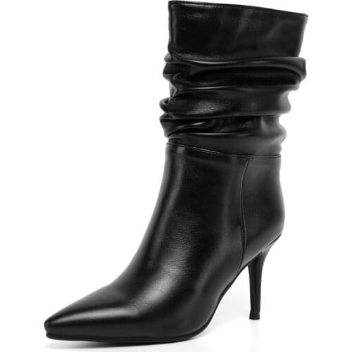 Pointed Toe Pleated Stiletto Mid-Calf Boots Sleeve Short Plush Dark Green Microfiber Womens Boots 2020 New Short Boots