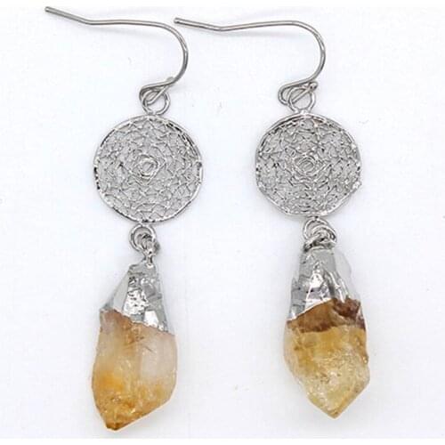 100-Unique 1 Pair Silver Plated Irregular Shape Natural Citrines with Round Net Earrings Charm Jewelry