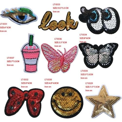 2 Pcs Eyes, stars, butterflies Cartoon Sequin icon Iron on Patch for Clothing DIY Stripes Patchwork Stickers Custom Badges