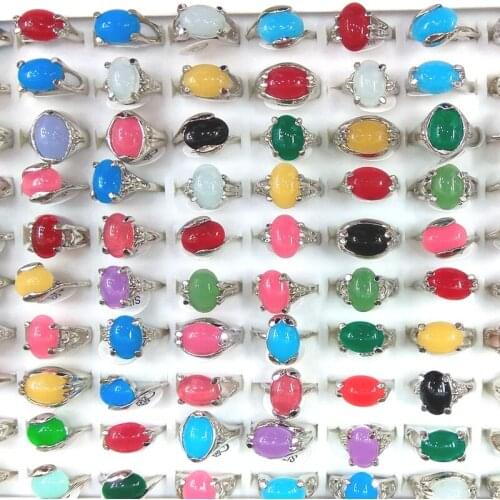 50pcs Multi Color Oval Round Shape Natural Stone Rings For Women