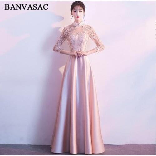 BANVASAC 2018 Vintage High Neck Lace Appliques Long Evening Dresses Party A Line Illusion Zipper Back Prom Gowns