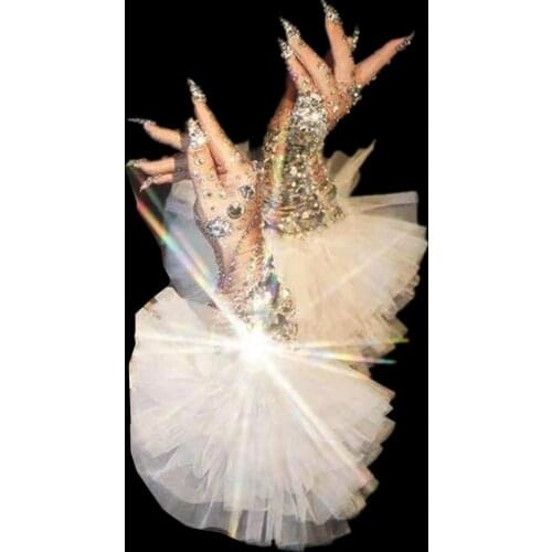 Sparkling Wedding Party Rhinestone Gloves Women Birthday Prom Crystal Mesh Ruffles Long Gloves Singer Dancer Stage Accessories