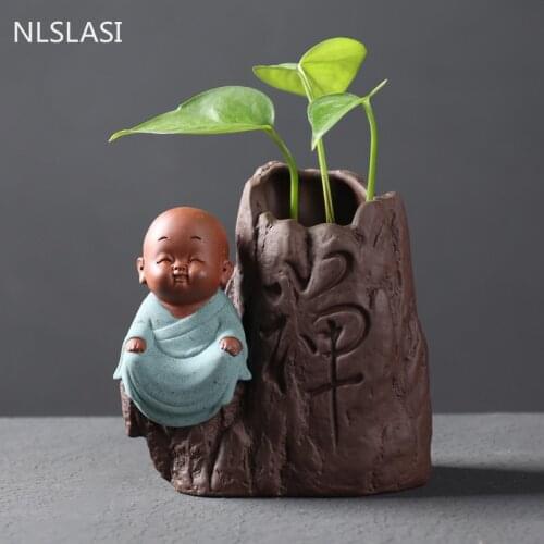 1 PCS Handmade Purple Clay tea Pet Lovely Buddha Monk Figurine Ornament Creative Desktop Flower Pot Tea Set decoration