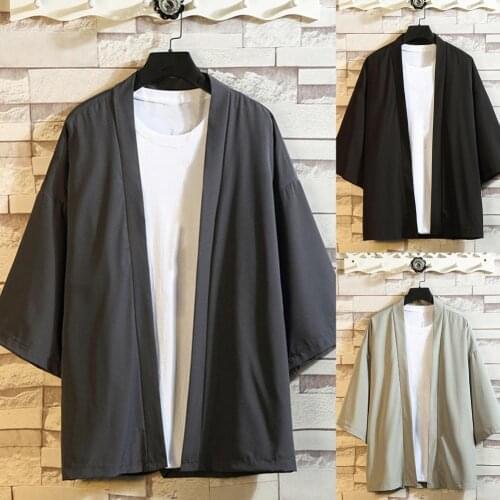 Mens Kimono Retro Cardigans Shirt Casual Men 3/4 Sleeve Open Front Kimono Yukata Cardigan Coat Shirt