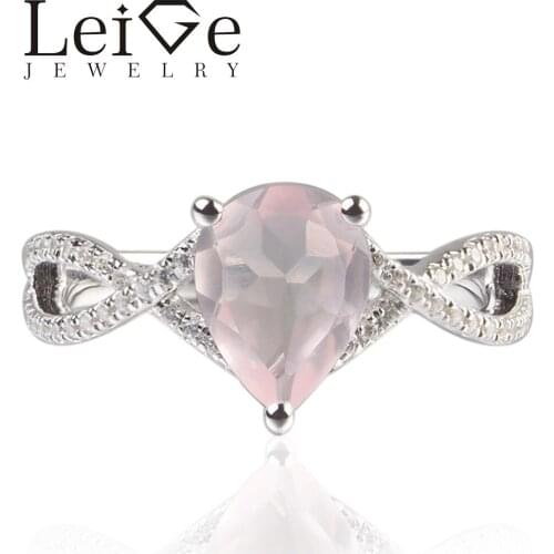 Leige Jewelry Natural Pink Quartz Pear Cut Gemstone Prong Setting Engagement Rings For Woman 925 Sterling Silver Ring