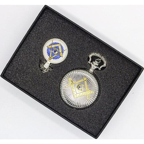 Cool Silver & Golden Masonic Freemason Freemasonry Theme Alloy Quartz Fob Pocket Watch With Necklace Chain Set Box gift TPB037