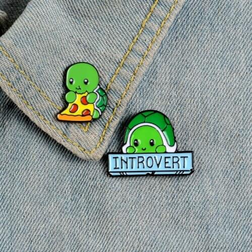 Cartoon Enamel Pins Introvert Tortoise Love Pizza Brooches Animal Badges Denim Clothes Bag Custom Lapel Pin Gift for Kids Friend