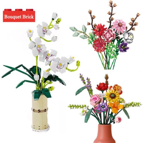 Bouquet Building Block Model Home Decoration Bonsai Plant Flower Romantic Rose DIY Assembled Toy Building Block Girl Gift No Box