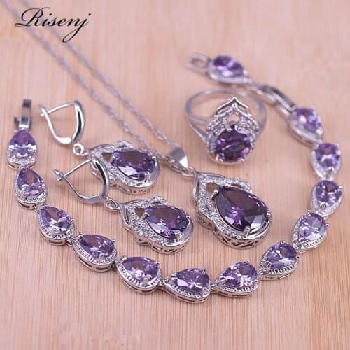 Purple Crystal Water Drop Silver Color Costume Jewelry Set Ring Necklace Earrings Bracelet Set Bridal Jewelry Set For Women