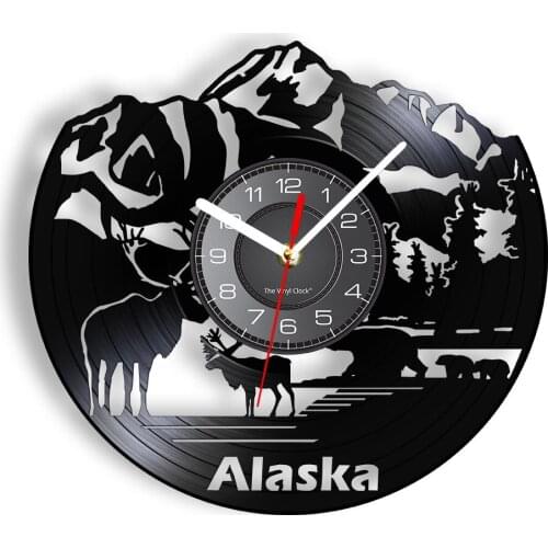 Alaska United States Glacier Art Wall Clock Denali Snow Mountain and Deer Wildlife Decor Travel Vinyl Record Hanging Watches