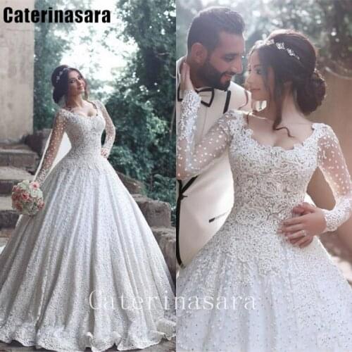Scoop Neck Full Lace Wedding Dress Illusion Long Sleeves Bridal Ball Gown for Woman