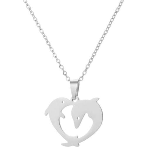 1pc Cute Dolphin Love Stainless Steel Pendant Necklace Love Heart Necklaces Women Girls Men Fashion Jewelry