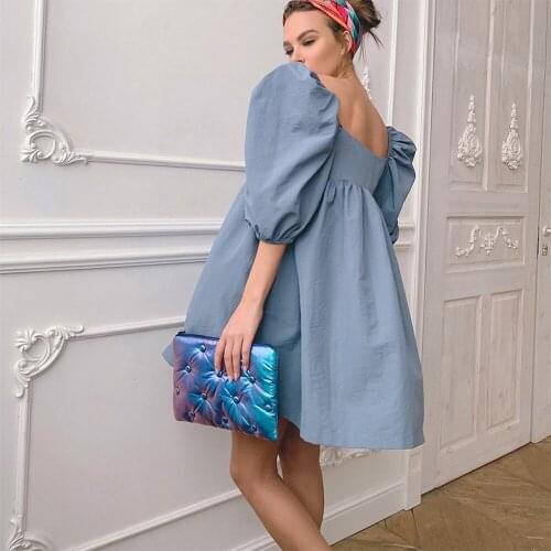Summer Short Puff Sleeve Dress Women Square Collar High Waist A Line Mini Dresses Female Casual Elegant Vintage Sundress Ladies