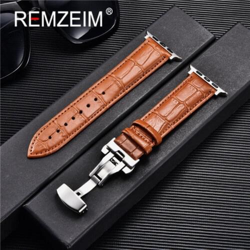 Genuine Calfskin Watchband For Apple Watch Band Series SE 6 5 4 38mm 42mm Leather Strap For iWatch 40mm 44mm Butterfly Buckle