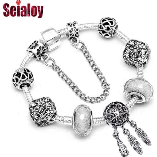 Seialoy Silver Color Dreamcatcher Feather Charm Bracelets For Women Men Original Crystal Heart-shaped Beaded Bangle Gift