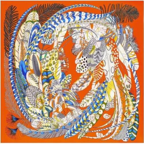 130cm Silk Square Scarf Women Large Shawls Colorful Feather Design Square Bandana Luxury Kerchief Scarf Female Foulards