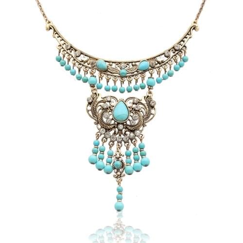 Vintage Green Stone Necklace Ethnic Jewelry Turkish Antique Gold Color Flower Tassels Necklaces Indian Women Wedding Jewelry