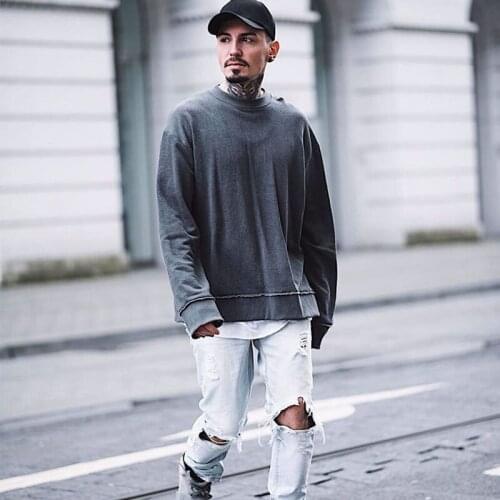 Good quality oversized hoodie men ripped hem design vintage sweatshirt harajuku man washed black hip hop punk hoodies