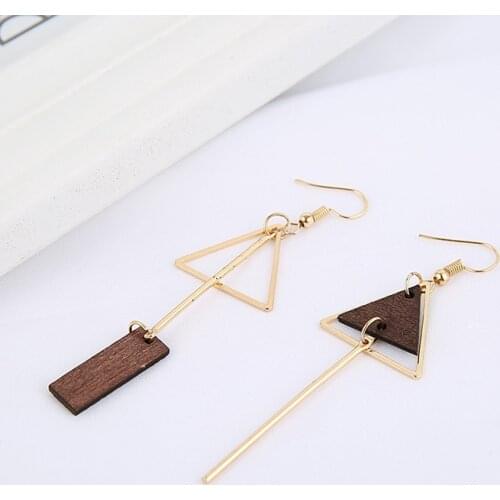 Korean Simple Hollow Metal Triangle Stick Wood Rectangle Asymmetric Drop Pendent Earrings for Women Girls Kids Ear Jewelry Gift