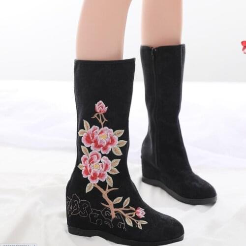 Spring Autumn New Retro National Style Height Increasing Embroider Flowers Canvas Women Mid-Calf Equestrian Boots 20210609
