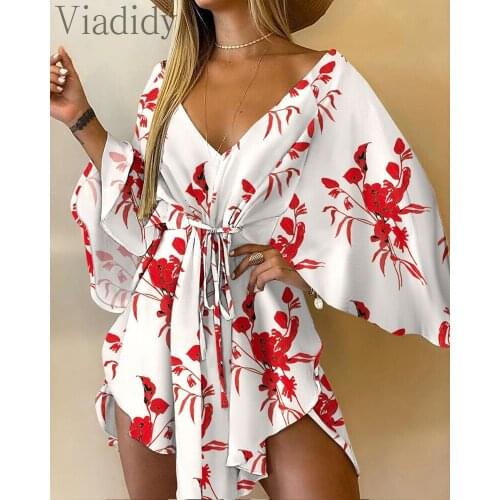 Women Casual Floral Print V-Neck Lace-up Bell Sleeve Irregular Mini Dress