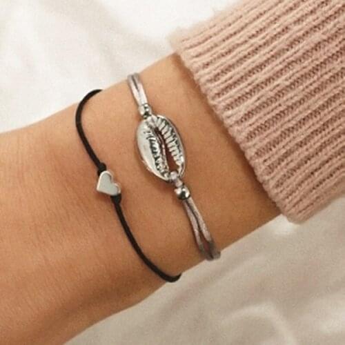 2Pcs/set Shell Bracelets for Women Delicate Black Rope Chain Bracelet Heart Charm Bracelet Hand-woven Bohemian Beach Jewelry