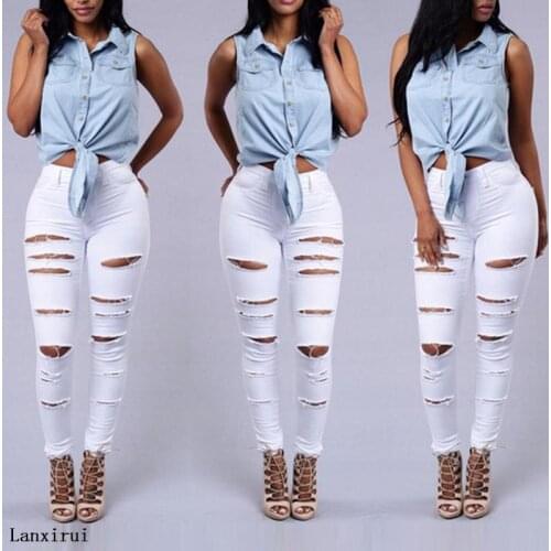 Pencil Pants Ripped Jeans For Women Mid Waisted Skinny Hole Denim Washed Stretch Slim Calf Length Pants Large Size Black XL