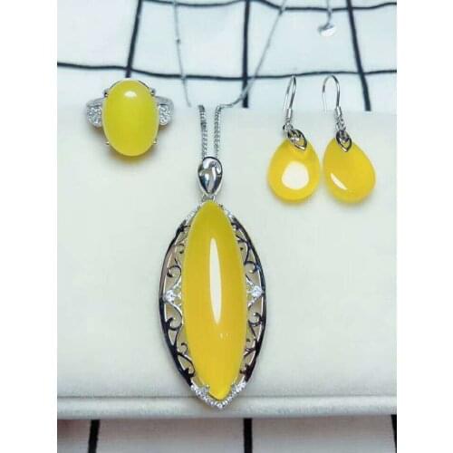 C6#925 silver inlaid natural chalcedony set, the jade face is clean and translucent