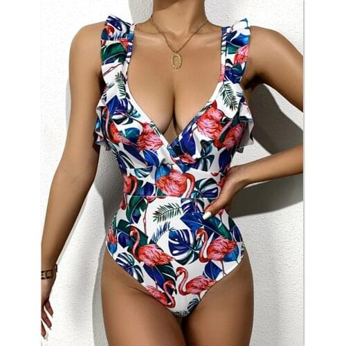 Print One-piece Swimsuit Sexy V Neck Swimwear Ruffle Shoulder Monokini Ladies Beach Bathing Suit 2021 Summer Swim Wear