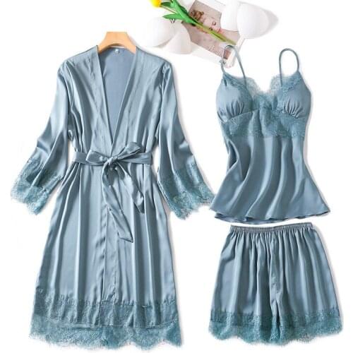 Women Sexy 3PCS Lace Robe Sets Loose Half Sleeve Kimono Bath Bride Dressing Gown Sling Nightgown&Shorts Pajamas Rayon Sleepwear