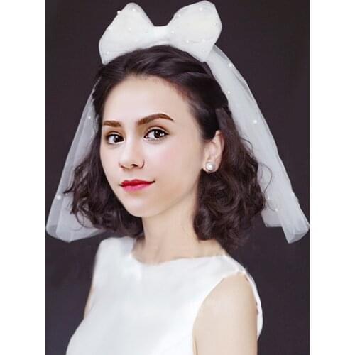 Korean 2T Wedding Veil Short Soft Tulle Bridal Veils Two Layer Pearls Ivory White Bow Bride Veils Wedding Accessories