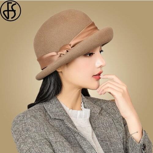 FS Winter Hats For Women Wool Fedora Hat With Bow Ribbon Elegant Lady Chapeau Femme Wide Brim Felt Hats Church Cloche Sombrero