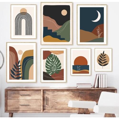 Mountain Sun Moon Monstera Abstract Landscape Art Canvas Painting Nordic Posters And Prints Wall Pictures For Living Room Decor