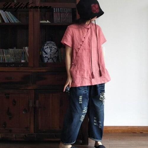 YoYiKamomo Cotton Linen Shirt Women 2018 New Summer Vintage Solid Color Short Sleeve Blouses Loose Women Tops