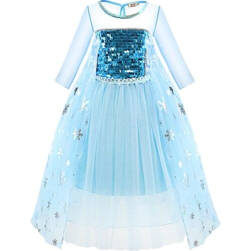 Girls Elsa Dress up Fantasy Long Sleeve O neck Sequin Snow Queen Costume Elza Cosplay Halloween Dress for Girl