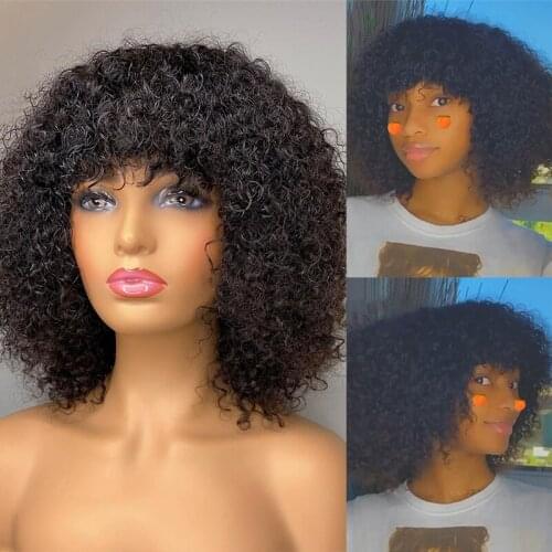 Curly Wigs Human Hair Pixie Cut With Bangs Full Machine Made Wigs Natural Color Peruvian Remy Human Hair Wigs For Women 250