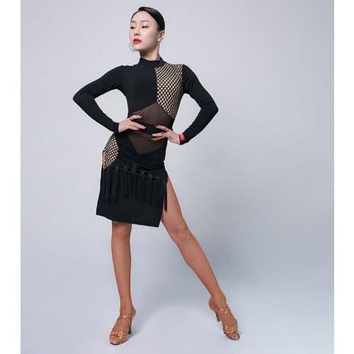 Latin Dress Adult Mesh Tassels Skirt Rumba Dance Long Sleeve Fringe Practice Clothes Ballroom Dance Competition Dresses VO296