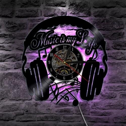 Music Is My Life Wall Art Clock Rock n Roll Vintage Vinyl Record Wall Clock with LED Light Music Inspirational Quote Home Decor