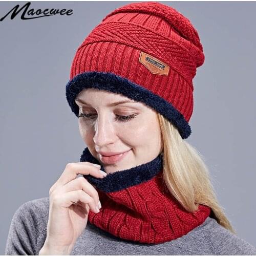 Unisex 2 Pieces Set Winter Hat And Scarf For Women Men Knitted Skullies Beanies Caps Female Casual Plus Velvet Thick Warm Hats