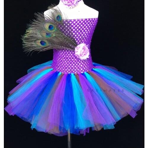 New Girls Peacock Feather Flower Tutu Dress Baby Crochet 2Layers Tulle Dress Ballet Tutu with Headband Kids Custom Party Dresses