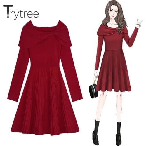 Trytree 2021 Autumn Winter Womens Dress Casual Bow Ruffled Collar Pleated Hem Knitted Elastic Elegant Solid Knee-Length Dress