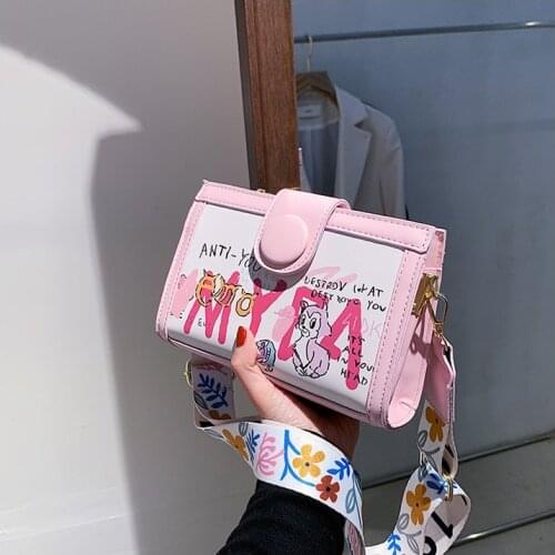 Pink/White INS Chic Girl Bags Designer Cute Cartoon Strawberry Printing Crossbody/Shoulder Bags Leather Wide-strap Womens Bag