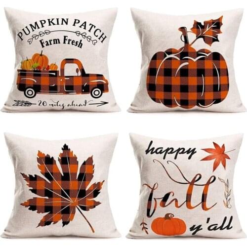 Happy Fall Plaid Autumn Harvest Decorative Throw Pillow Covers Farm Fresh Truck Pumpkin Maple Cotton Linen Home Decor
