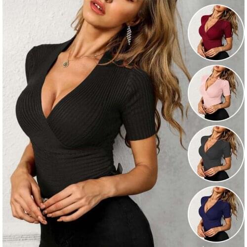 Womens Sexy Low-cut Deep V-neck Slim Short-sleeved Knit Bottoming Cross-shirt T-shirt Black Ladies Solid Color Wild Top Crop