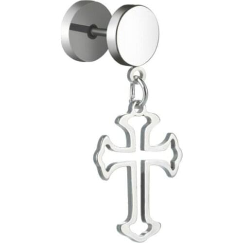 Cross Earrings Women Fake Ear Taper Dumbbell Hoop Cross Drop Dangle Ear Studs Earrings Punk Stainless Steel Earring Jewelry