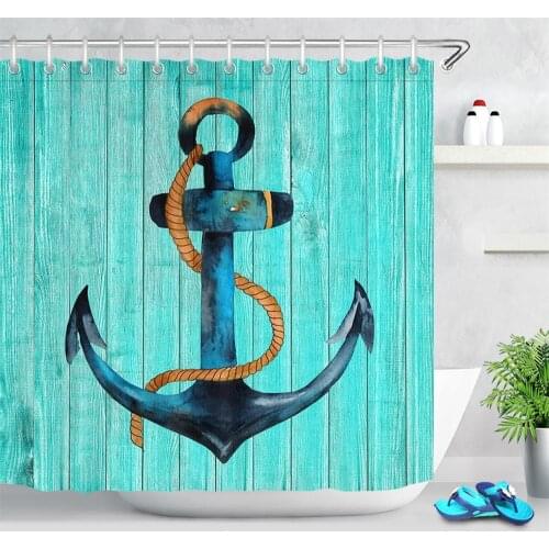 Nautical Anchor Shower Curtain Waterproof Blue Rustic Wooden Planks Polyester Cloth Fabric Bathroom Shower Curtain with Hooks