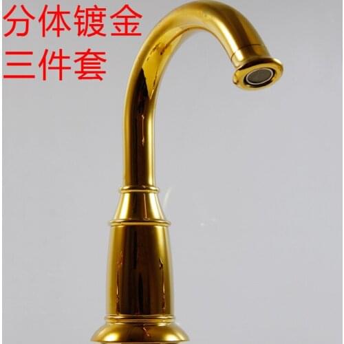 Hot and cold water basin faucet factory direct three-piece all-gilded copper double the three-hole wash basin mixer
